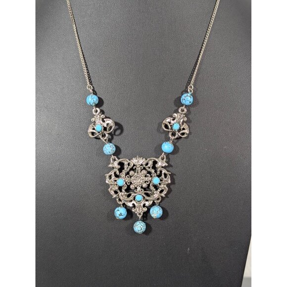 Vintage Turquoise Blue Peking Glass Bead Etruscan Statement Necklace Silver Tone - Picture 1 of 8